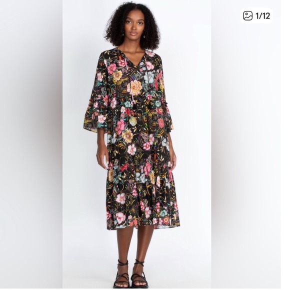 Johnny Was Dresses & Skirts - Johnny Was Naomi Peace Ruffled Tiered Floral Midi Dress Size Large Dark Romantic
